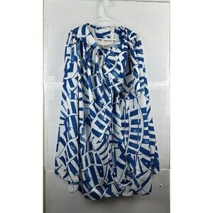 Blue White Abstract Print Maxi Dress Spaghetti Strap Tie Neck